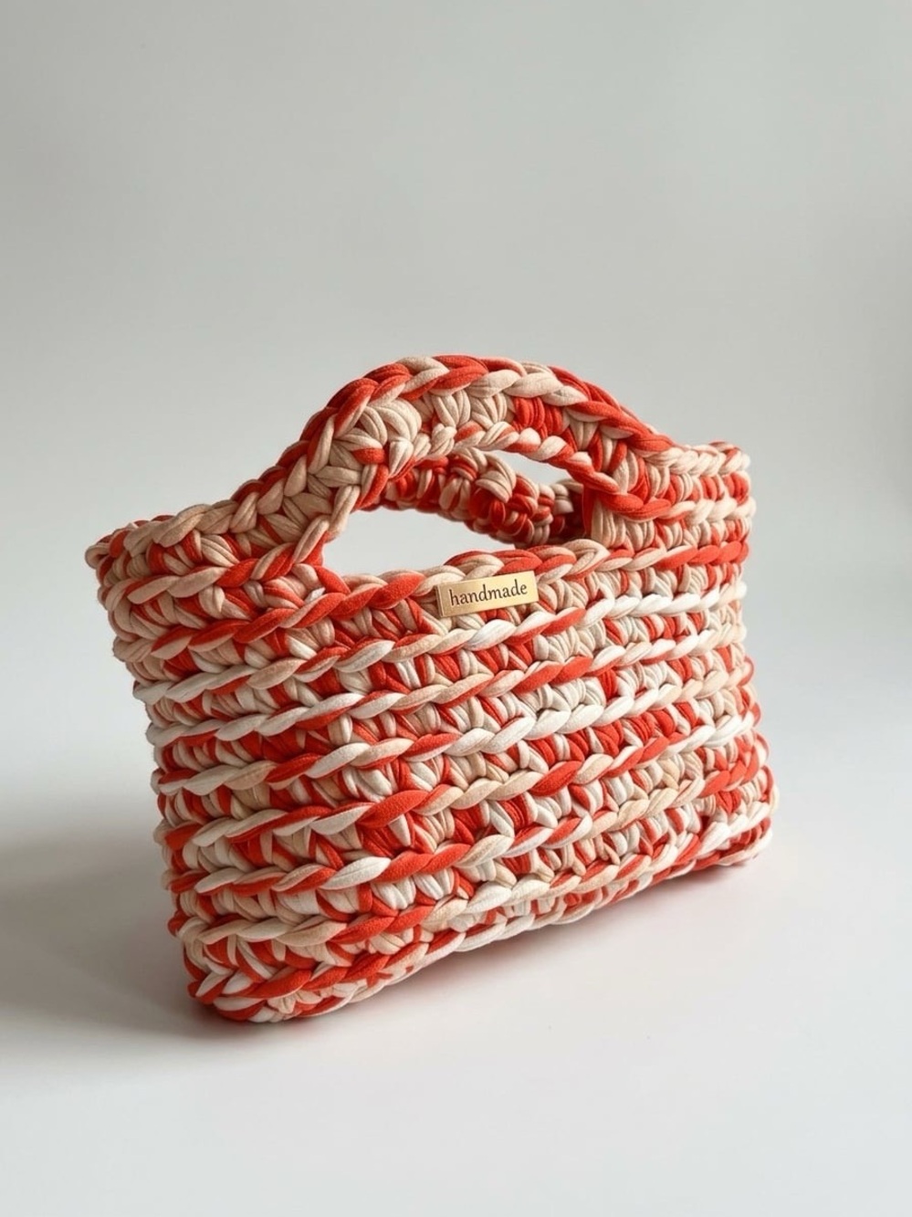 Handmade Orange & Cream Crochet Tote Bag with Built-In Handles
